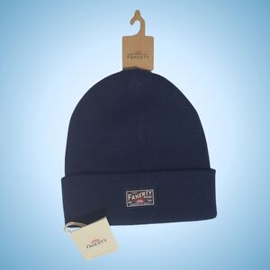 Faherty Beanie Wool Blend Core Logo Cuffed Patch Ribbed Knit Navy Blue One Size